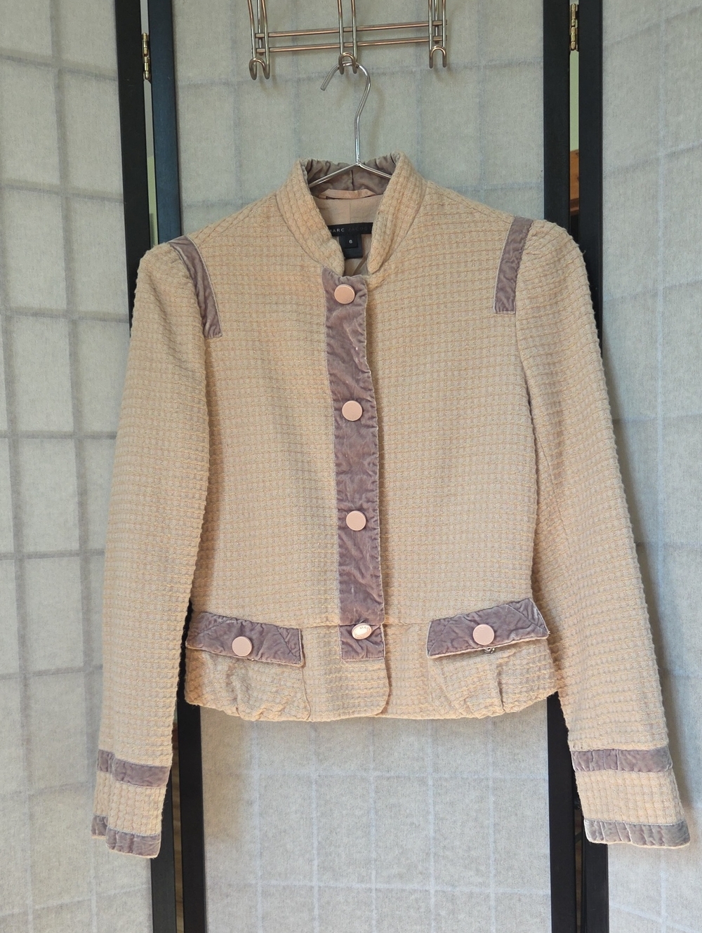 Marc Jacobs Beige Waffle-Knit Wool Jacket with Velvet Trim